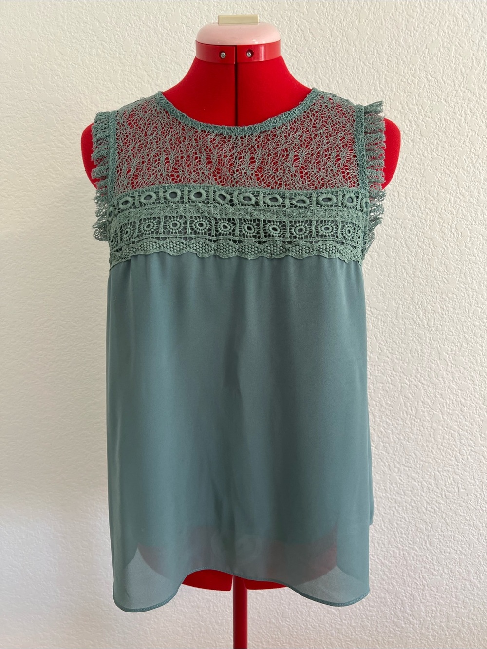 Jella C Fourie Lace Bib Blouse Sage Green Sleeveless Small